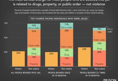 Bar graph showing the percent of people booked into local jails between July 1, 2021 and June 30, 2023, by charge type and number of times they were booked into the same jail within 12 months of their initial booking.